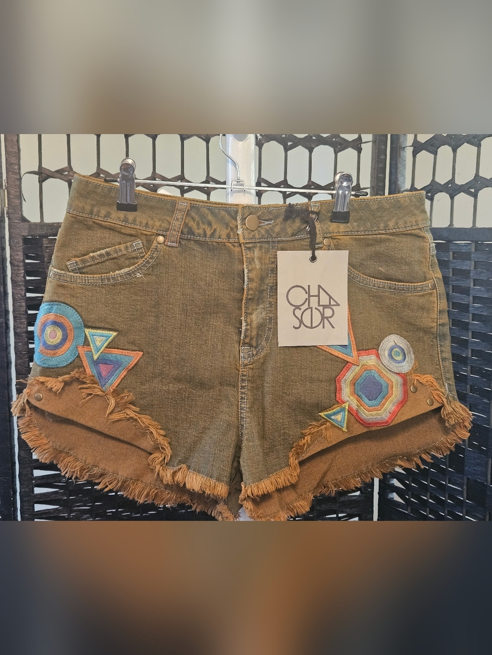 Chaser Embroidered Fringe Denim Shorts